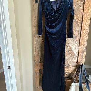 sachin and babi light blue dress Vince Camuto Draped Asymmetric Gown In Navy main image 0